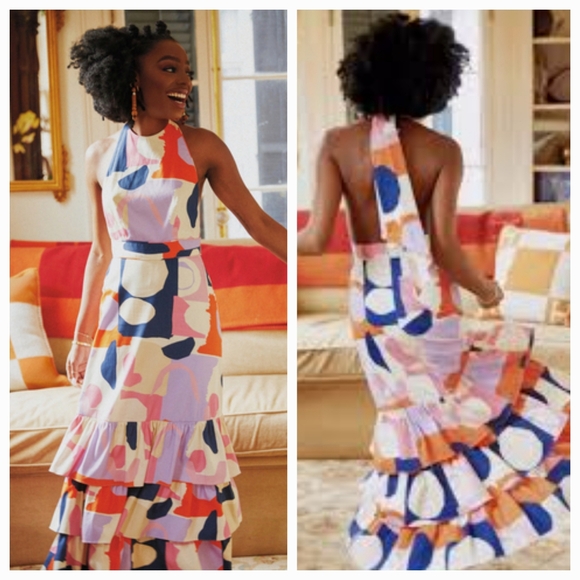 Gianni Bini x Venita Aspen Abstract Print Sateen Halter A-line long Maxi Dress - Picture 3 of 14